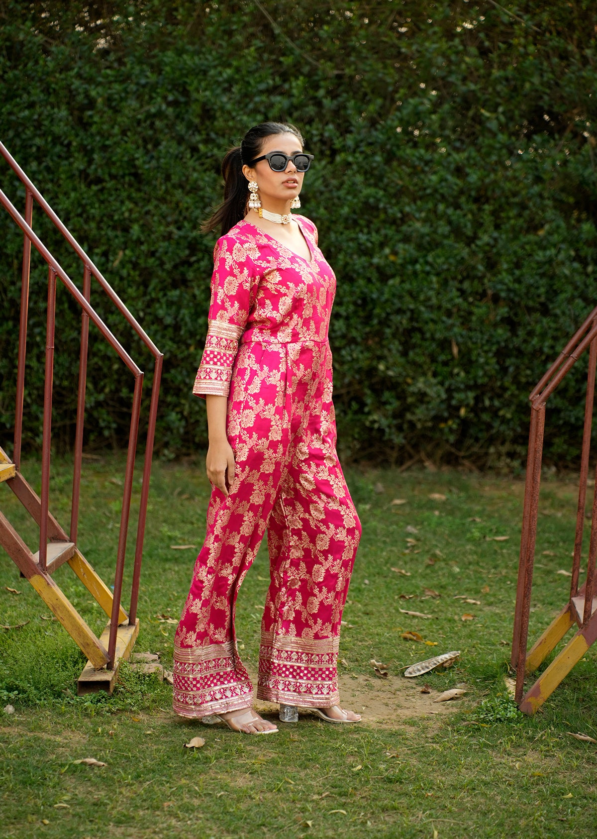 Pink Brocade Jumpsuit for a Statement Look