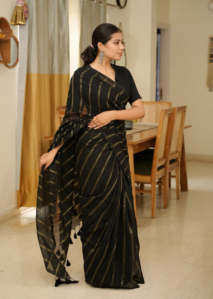 Midnight Stripes – Elegant Black & Gold Saree