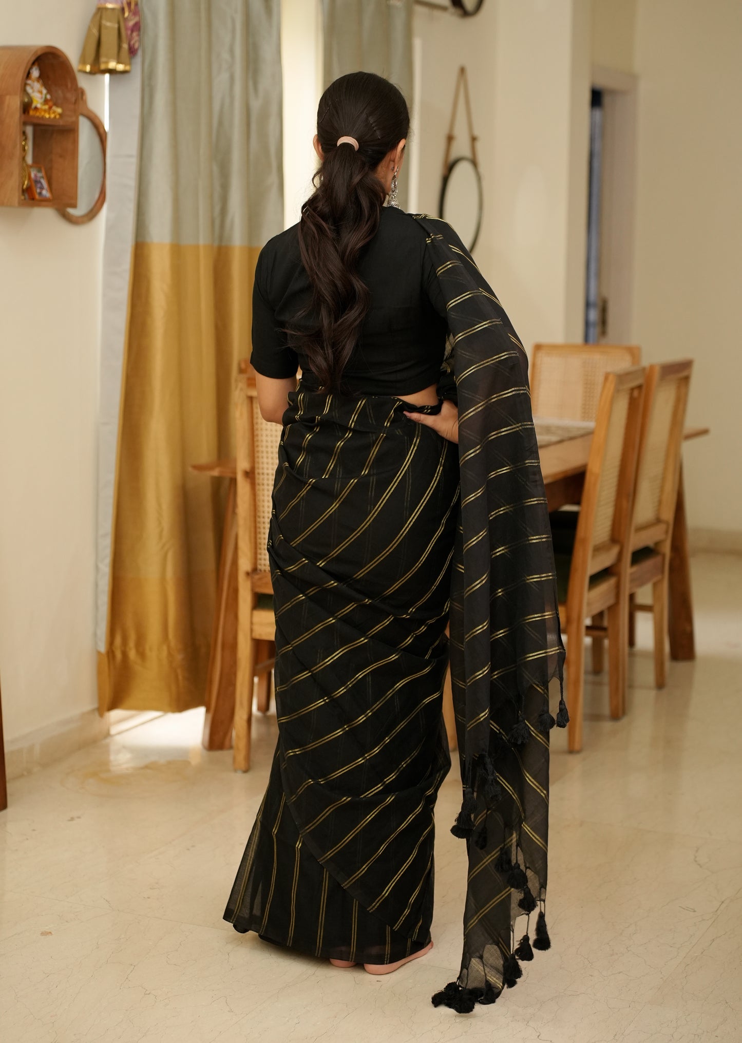 Midnight Stripes – Elegant Black & Gold Saree