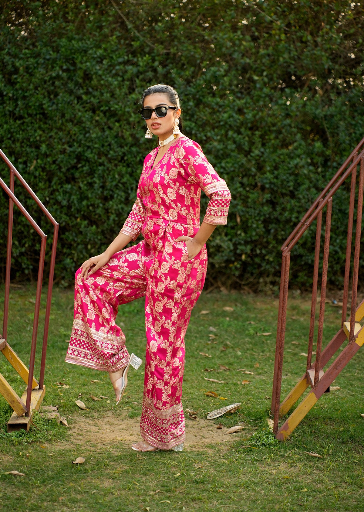 Pink Brocade Jumpsuit for a Statement Look