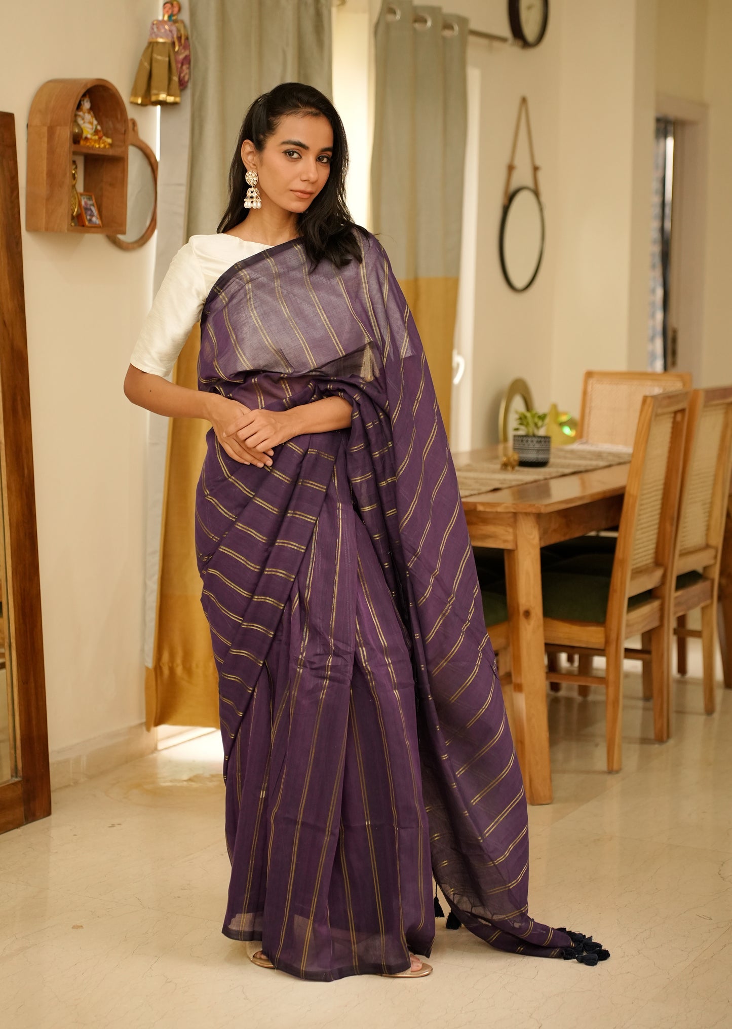 Purple Mul Cotton Saree with Zari Stripes & Tassel Pallu