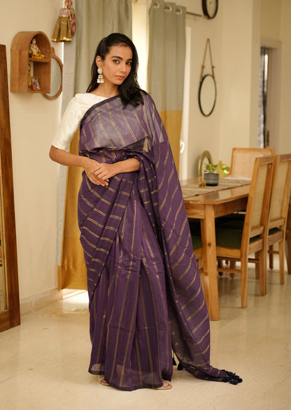 Purple Mul Cotton Saree with Zari Stripes & Tassel Pallu
