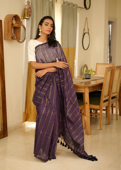 Purple Mul Cotton Saree with Zari Stripes & Tassel Pallu