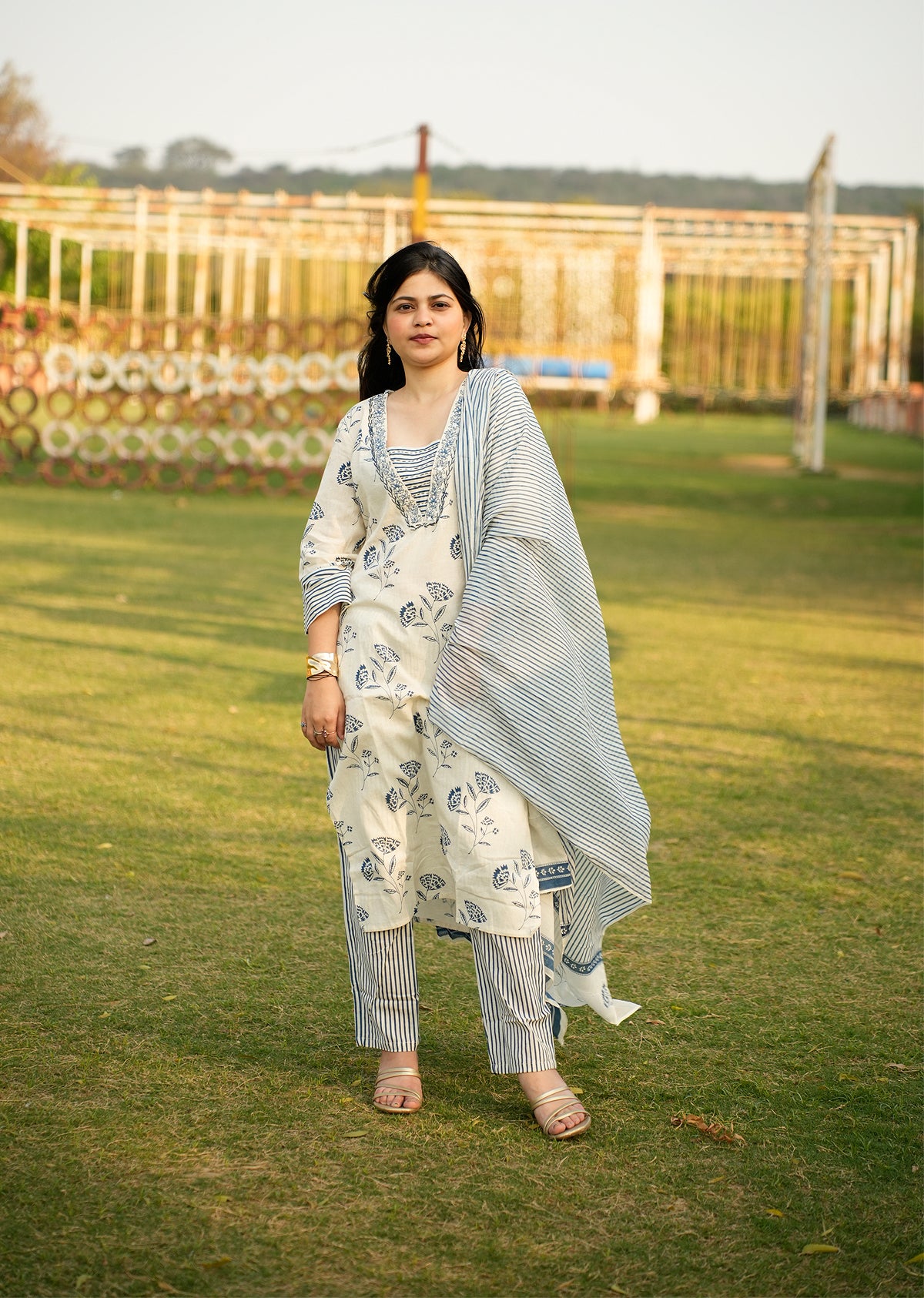 Elegant White & Blue Cotton Kurta Set with Dupatta