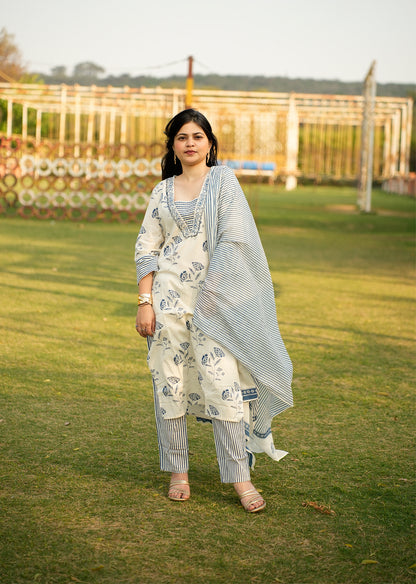 Elegant White & Blue Cotton Kurta Set with Dupatta