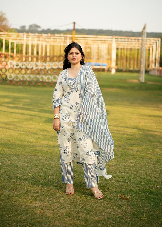 Elegant White & Blue Cotton Kurta Set with Dupatta