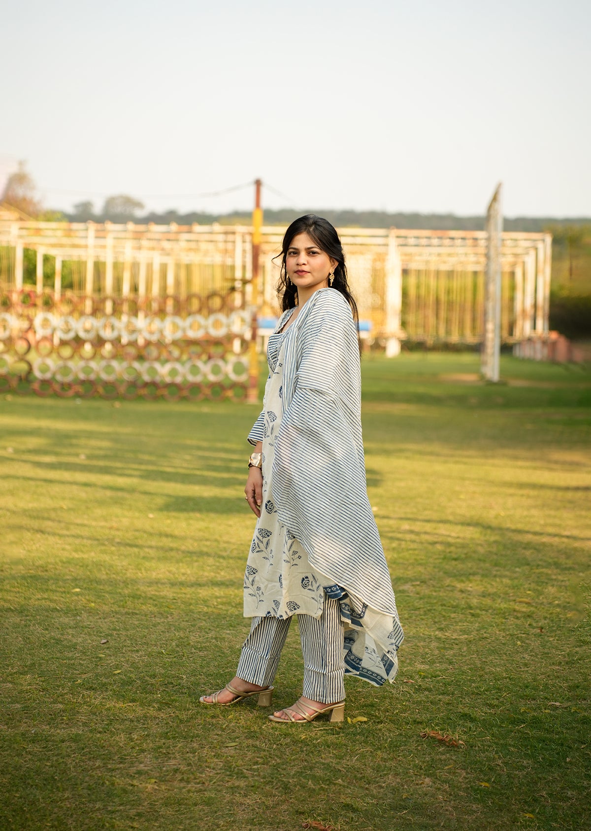 Elegant White & Blue Cotton Kurta Set with Dupatta