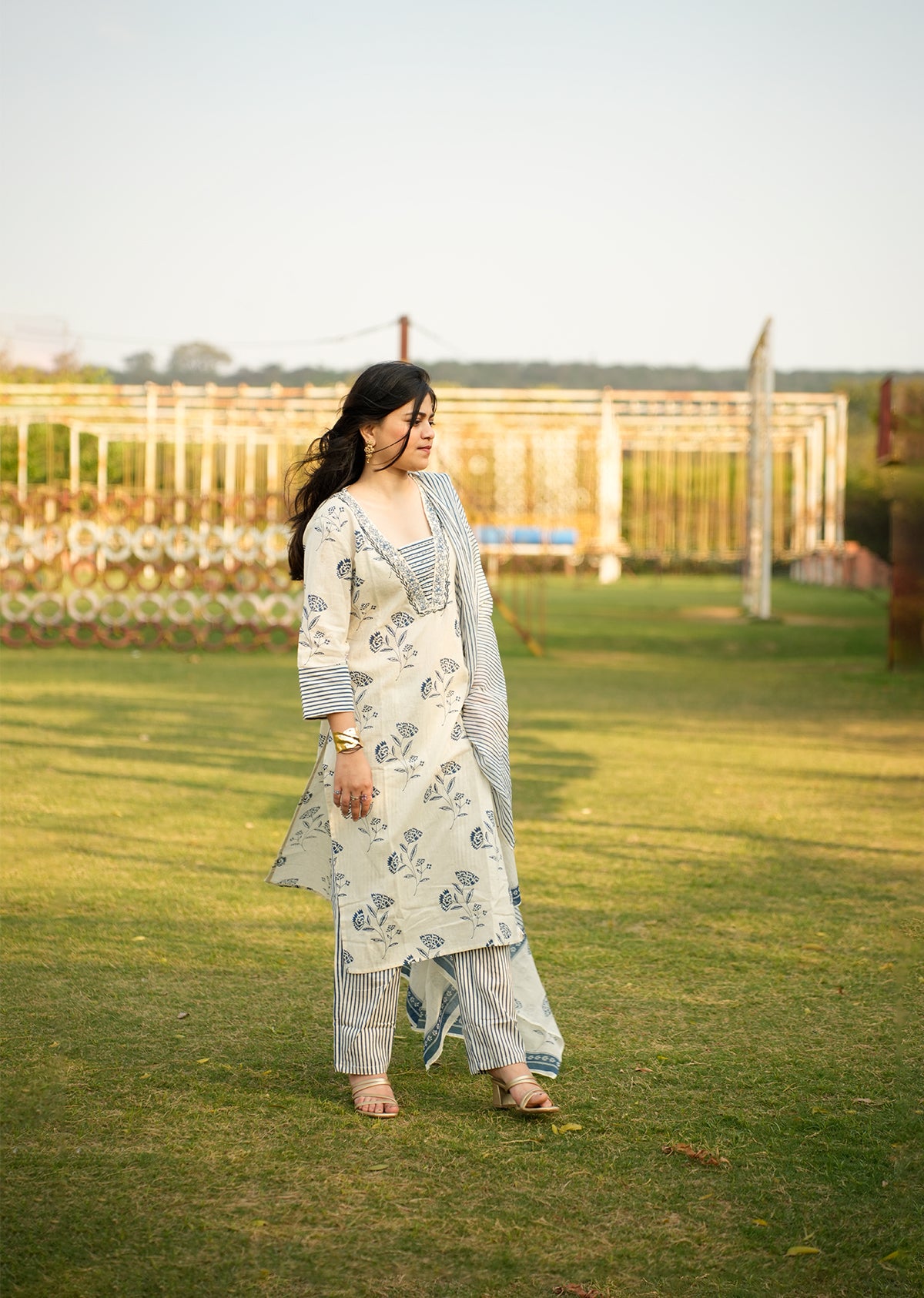 Elegant White & Blue Cotton Kurta Set with Dupatta