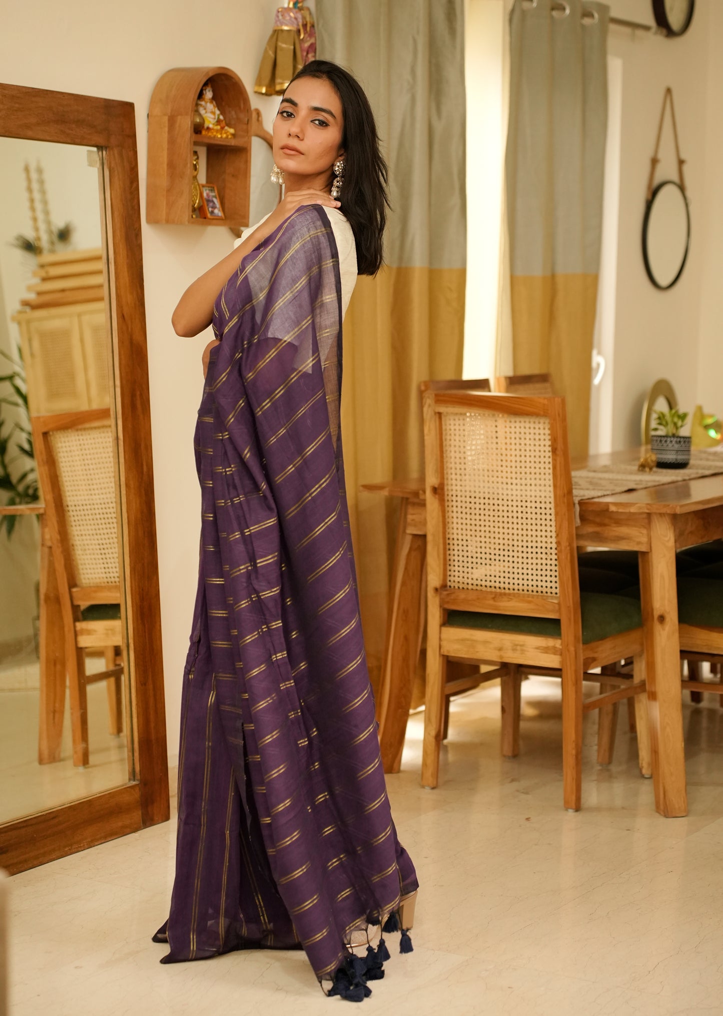 Purple Mul Cotton Saree with Zari Stripes & Tassel Pallu