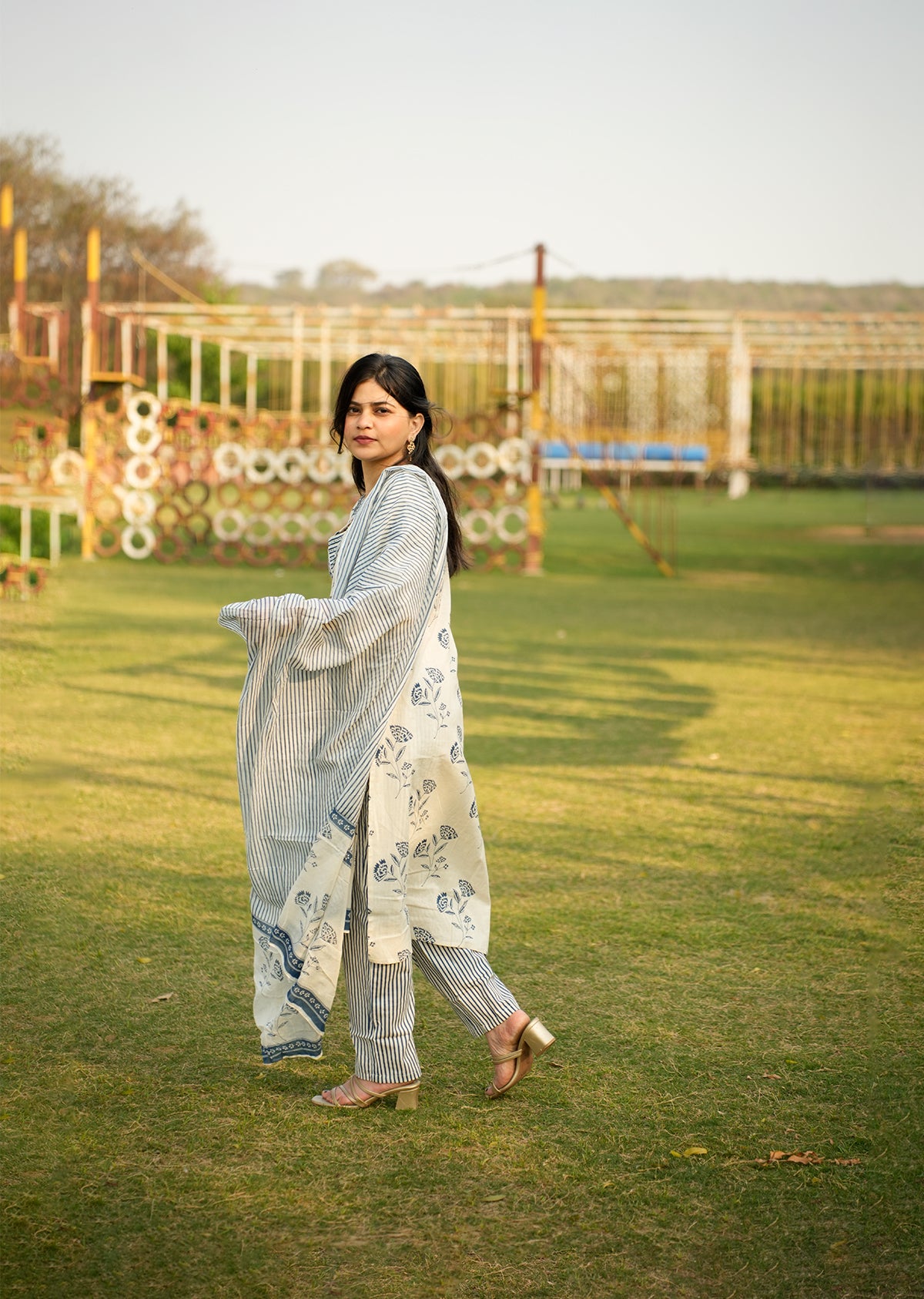 Elegant White & Blue Cotton Kurta Set with Dupatta