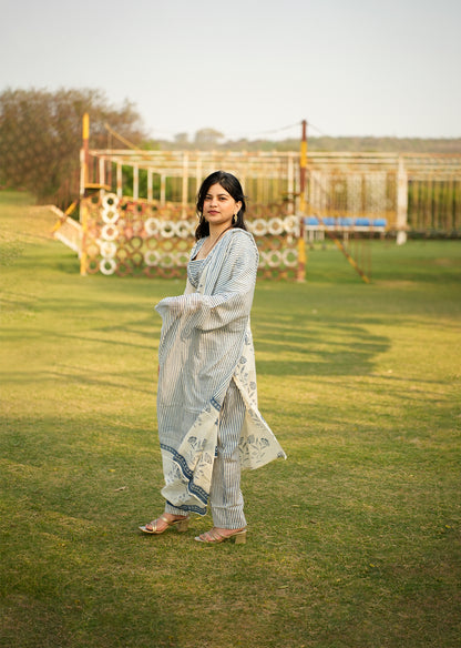 Elegant White & Blue Cotton Kurta Set with Dupatta