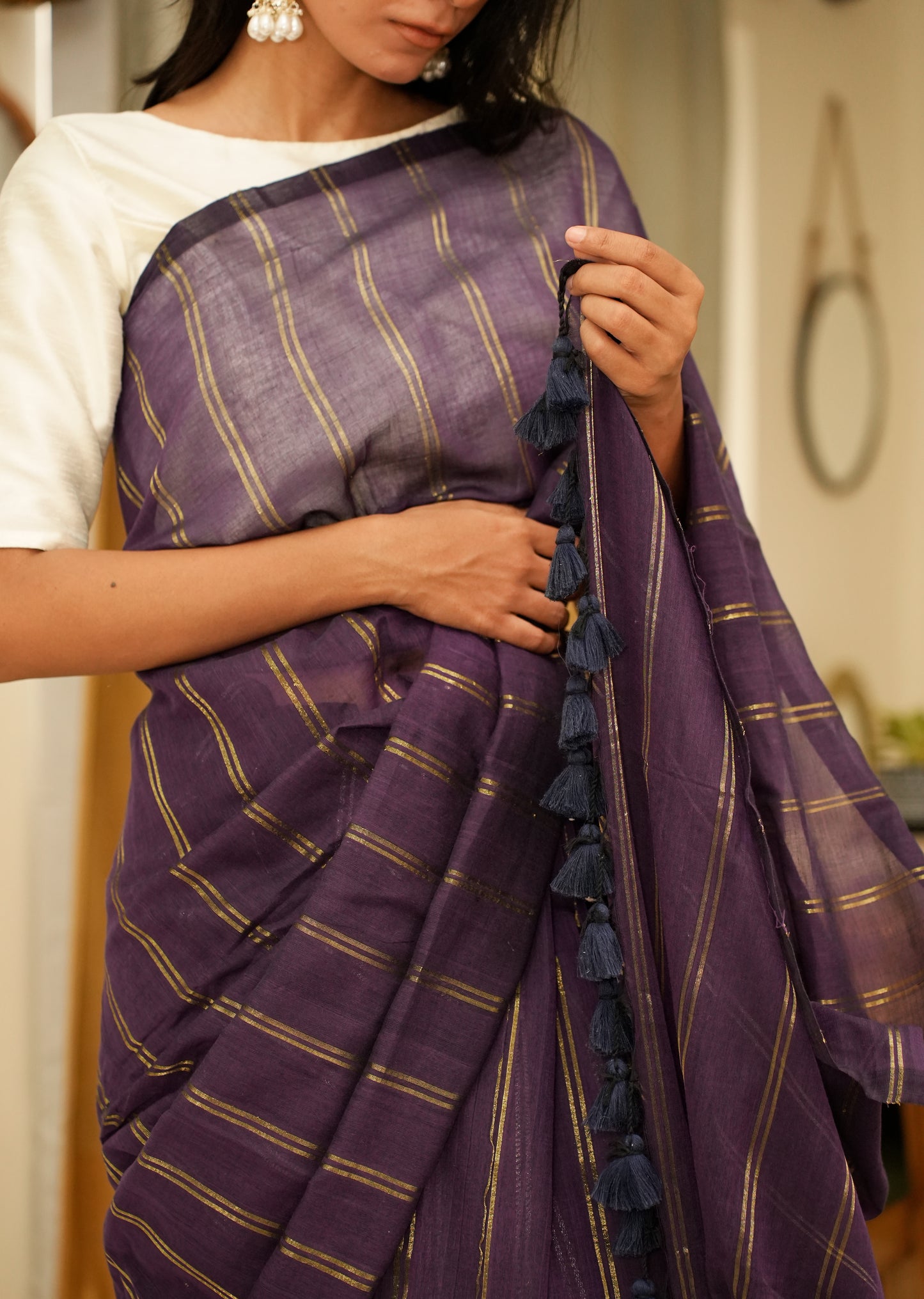 Purple Mul Cotton Saree with Zari Stripes & Tassel Pallu