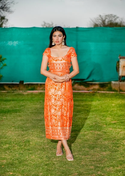 Orange Brocade A-Line Slit Dress for Statement Style