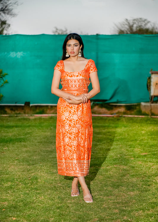 Orange Brocade A-Line Slit Dress for Statement Style