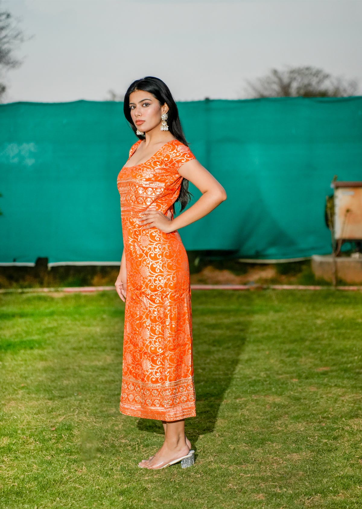 Orange Brocade A-Line Slit Dress for Statement Style