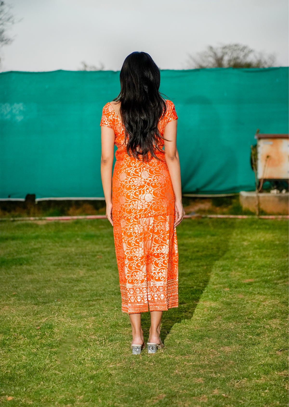 Orange Brocade A-Line Slit Dress for Statement Style