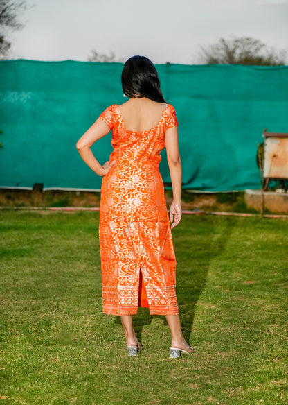 Orange Brocade A-Line Slit Dress for Statement Style