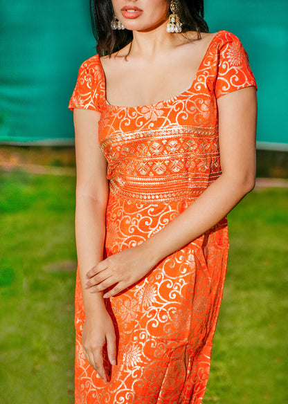 Orange Brocade A-Line Slit Dress for Statement Style