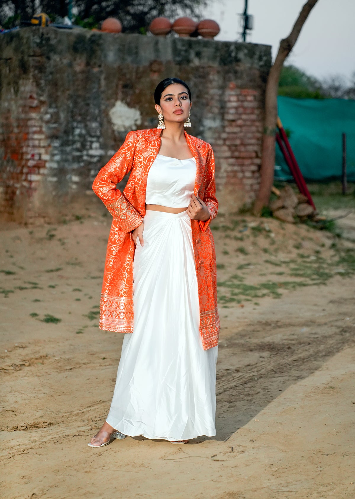 Orange & White Brocade Ensemble – Draped Skirt & Coat