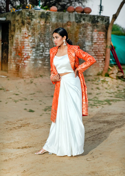 Orange & White Brocade Ensemble – Draped Skirt & Coat