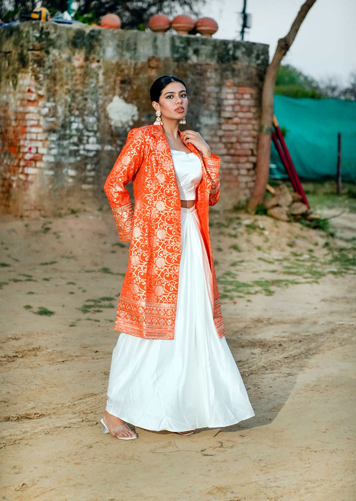 Orange & White Brocade Ensemble – Draped Skirt & Coat