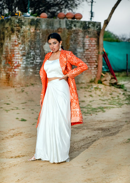 Orange & White Brocade Ensemble – Draped Skirt & Coat