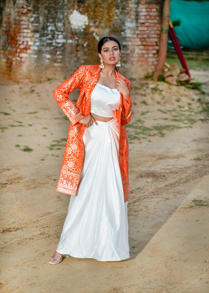 Orange & White Brocade Ensemble – Draped Skirt & Coat