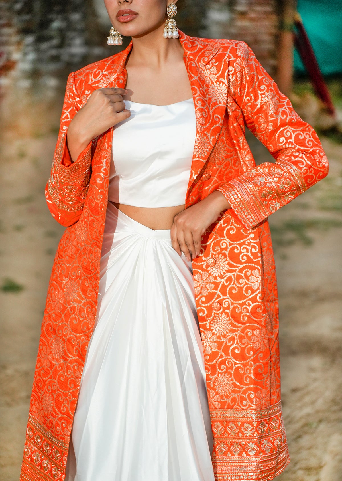 Orange & White Brocade Ensemble – Draped Skirt & Coat