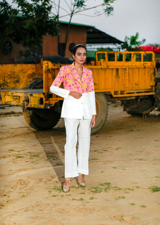 White & Pink Linen Blazer Set for Chic Styling