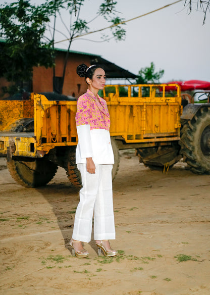 White & Pink Linen Blazer Set for Chic Styling