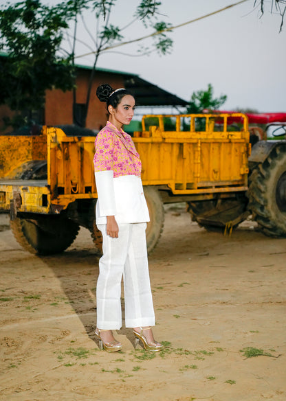 White & Pink Linen Blazer Set for Chic Styling