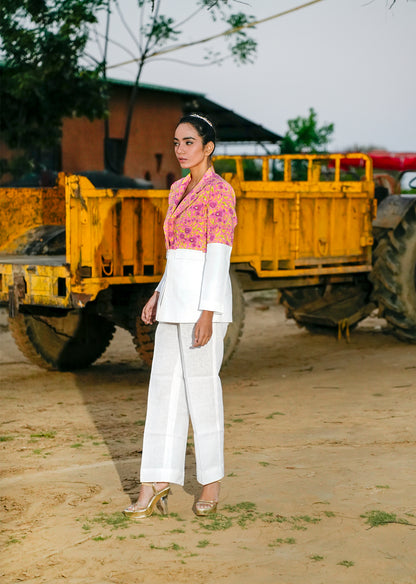 White & Pink Linen Blazer Set for Chic Styling