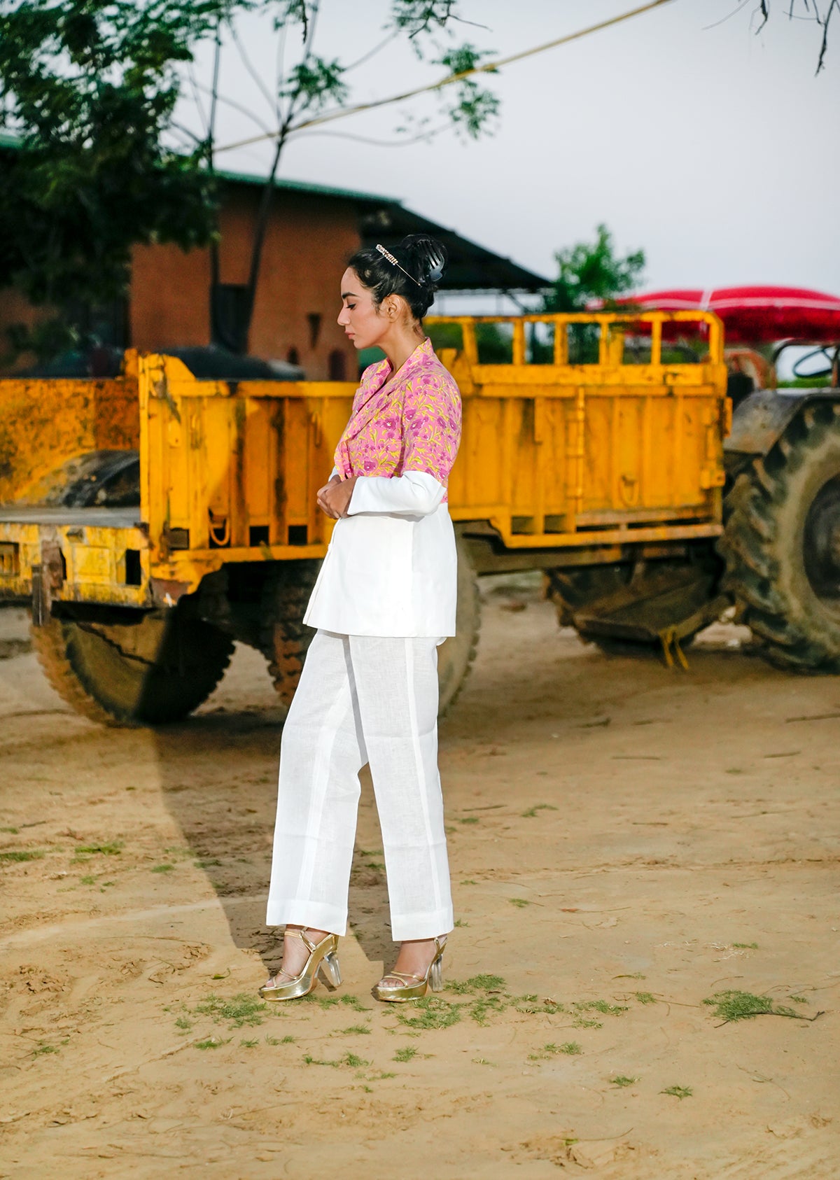 White & Pink Linen Blazer Set for Chic Styling