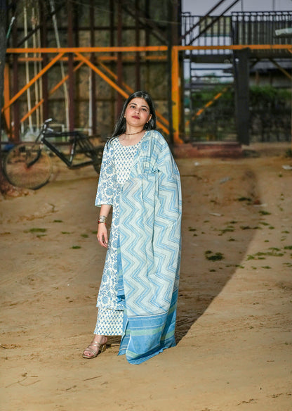 Blue Cotton Kurta Set with Dupatta – Everyday Grace