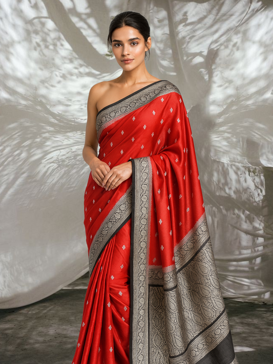 Red Banarasi Silk Saree With Black Border