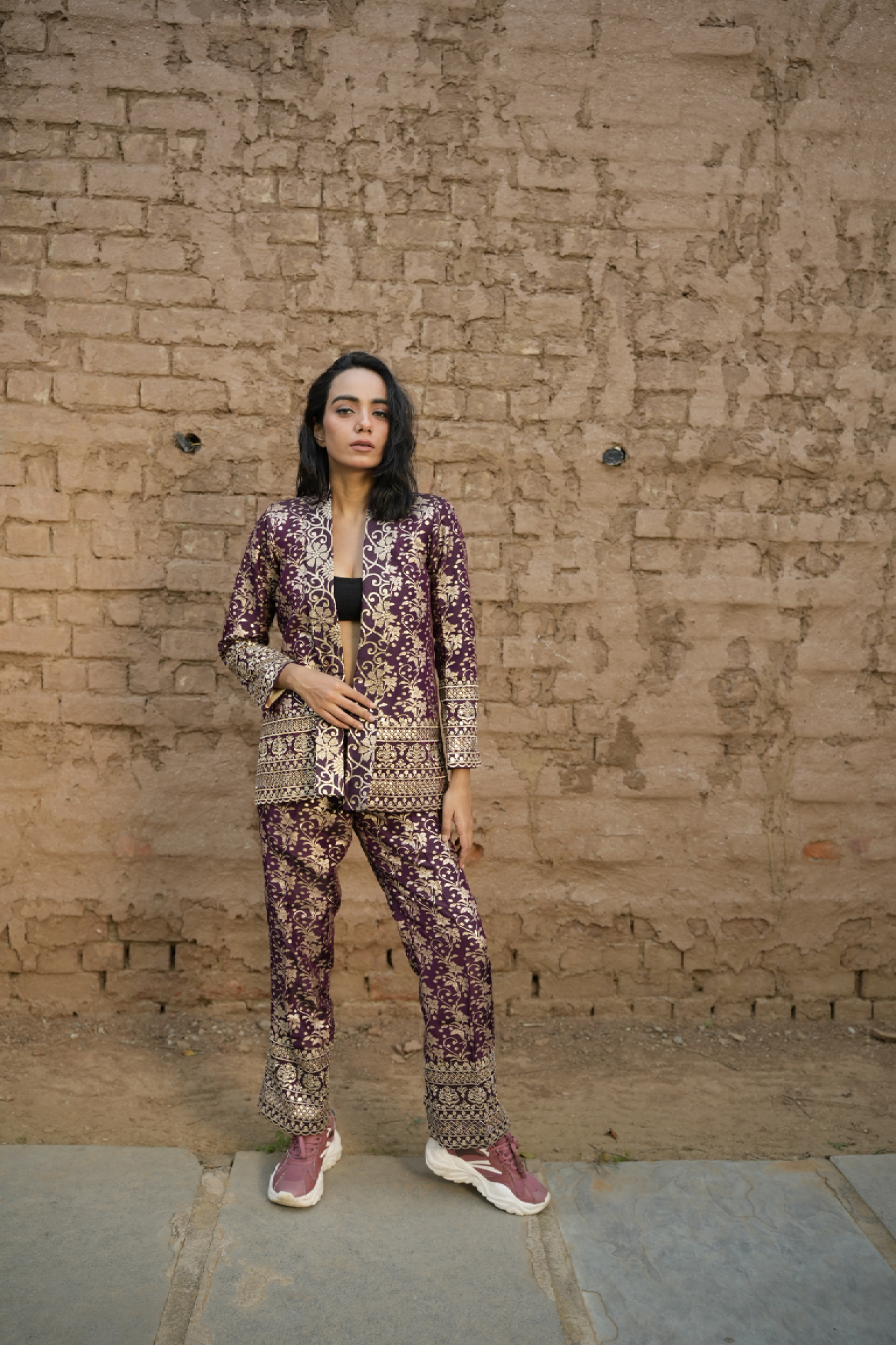 Purple Royal Bloom Brocade Coat & Pants