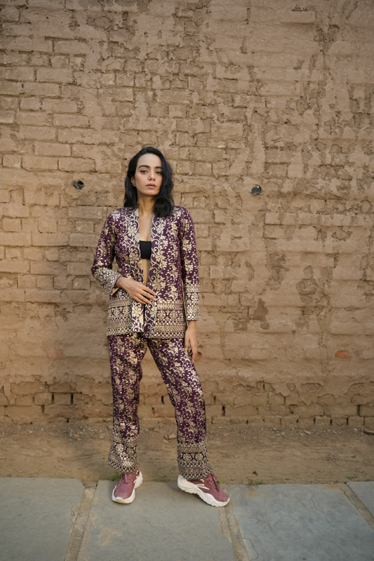 Purple Royal Bloom Brocade Coat & Pants