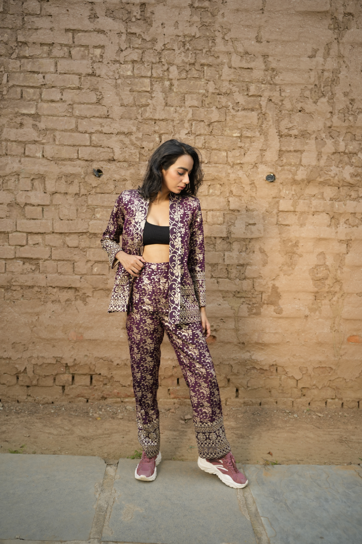 Purple Royal Bloom Brocade Coat & Pants