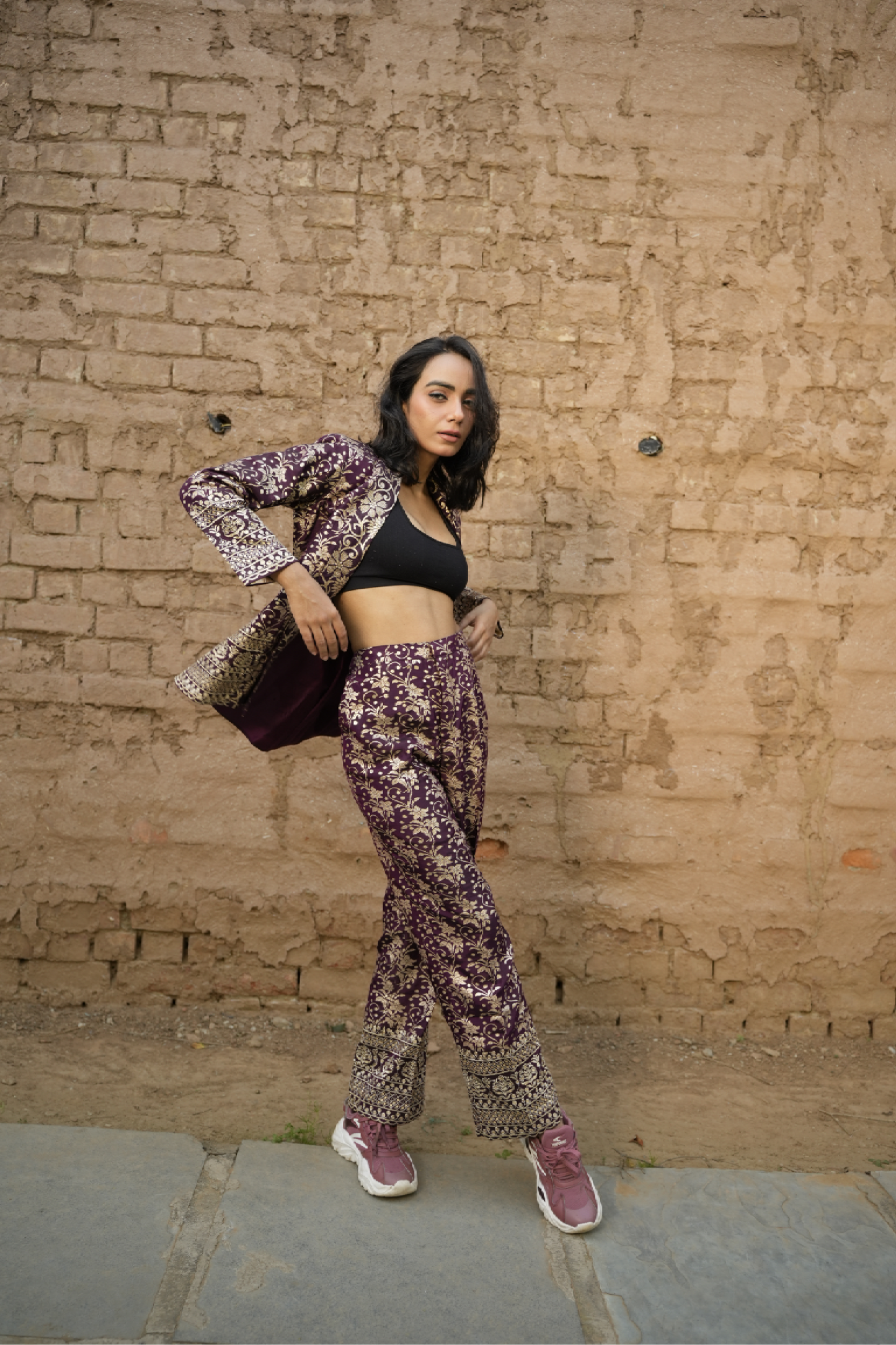 Purple Royal Bloom Brocade Coat & Pants