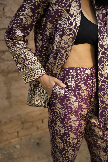 Purple Royal Bloom Brocade Coat & Pants