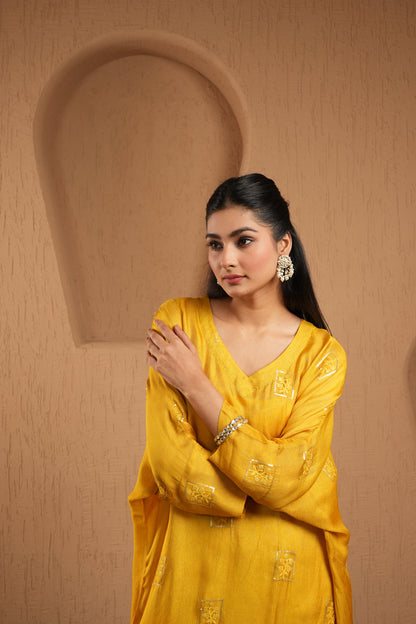 Yellow Sequined Work Kaftan With Pants