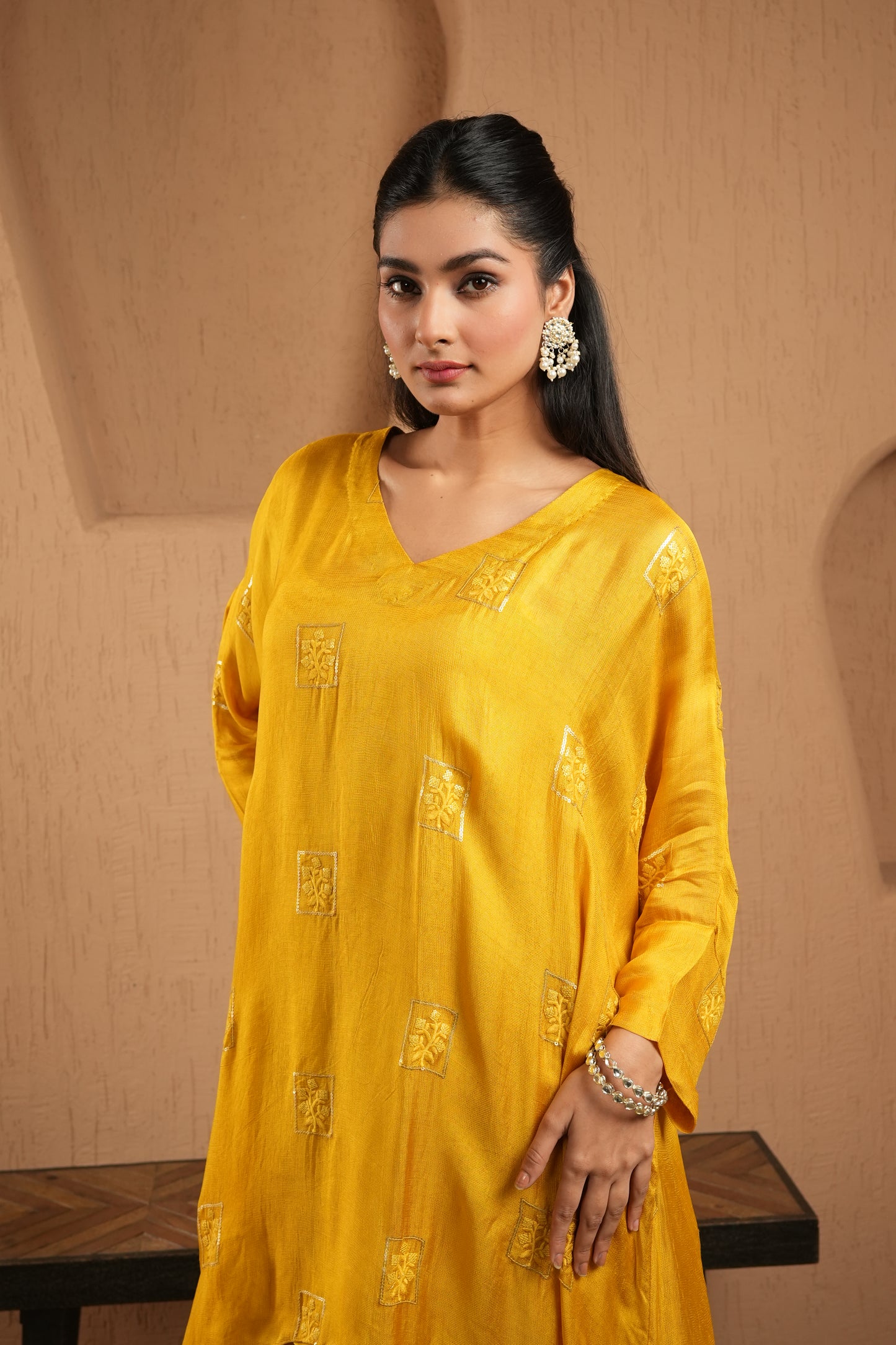 Yellow Sequined Work Kaftan With Pants