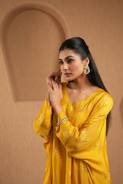 Yellow Sequined Work Kaftan With Pants