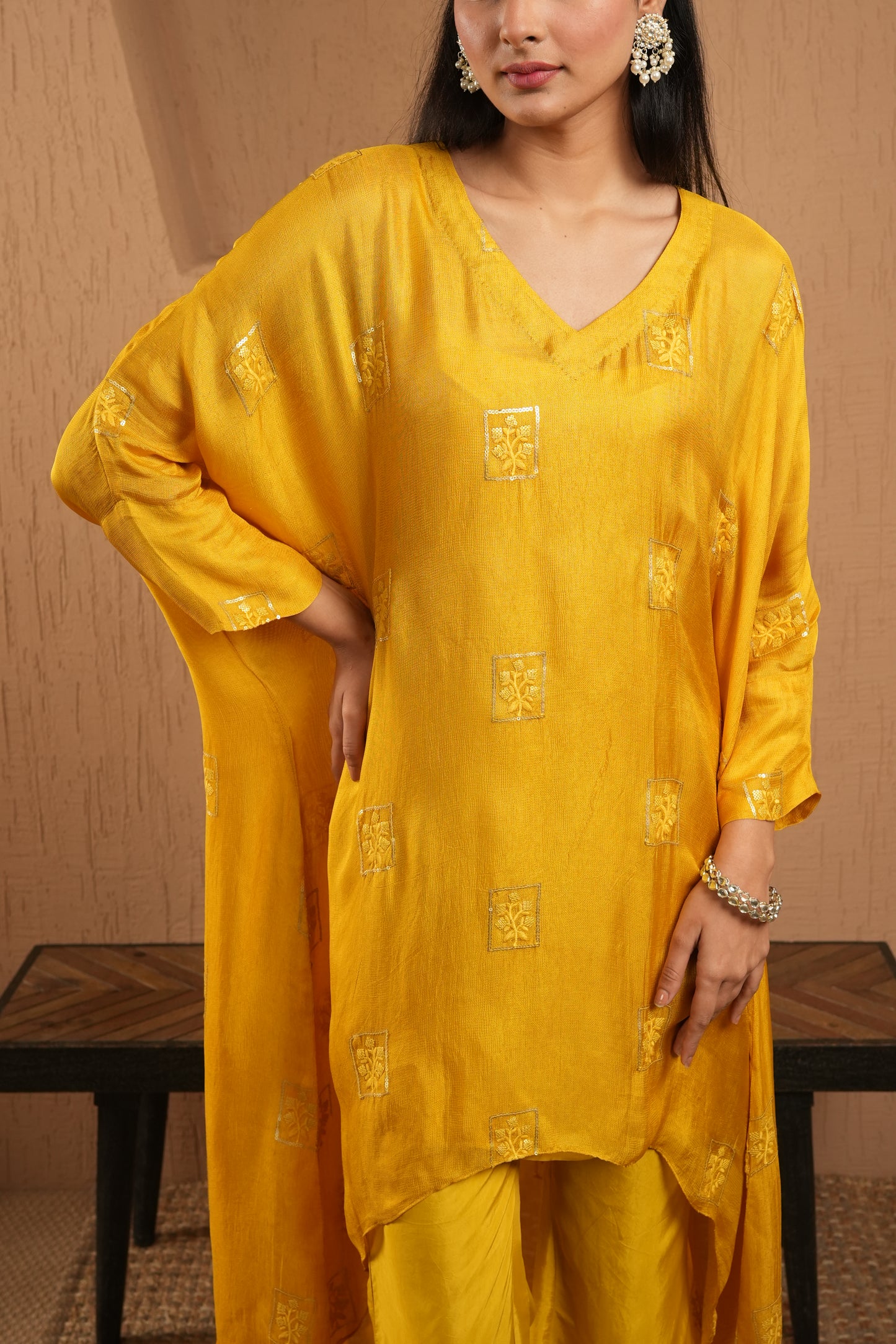 Yellow Sequined Work Kaftan With Pants