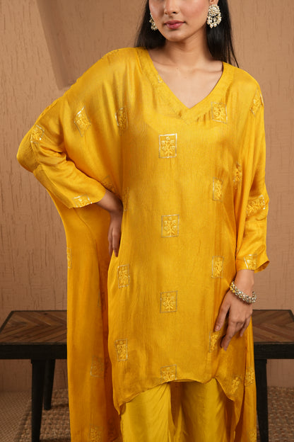 Yellow Sequined Work Kaftan With Pants