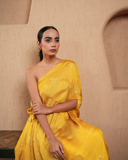 Yellow Sequined Work Off Shoulder Kaftan With Pants