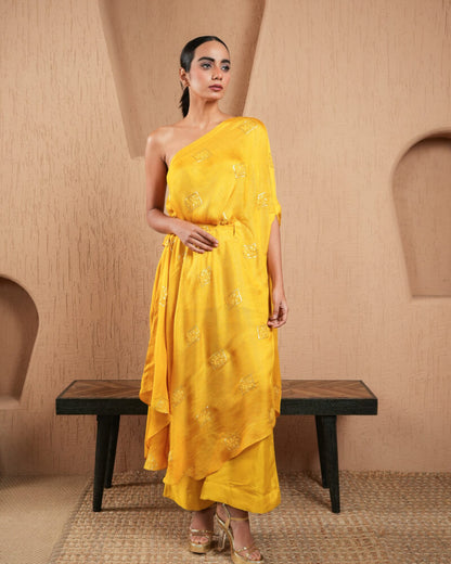 Yellow Sequined Work Off Shoulder Kaftan With Pants