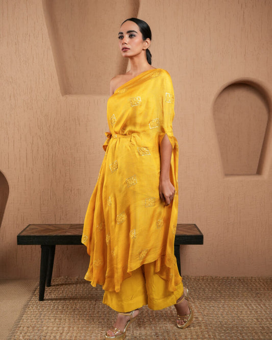 Yellow Sequined Work Off Shoulder Kaftan With Pants