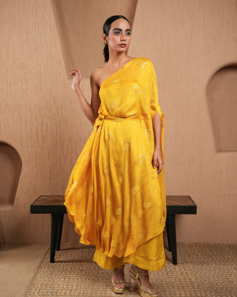 Yellow Sequined Work Off Shoulder Kaftan With Pants