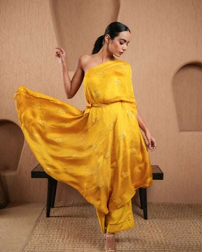 Yellow Sequined Work Off Shoulder Kaftan With Pants